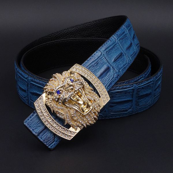 

2018 gold silver lion buckle diamond alligator men genuine leather belt business casaul leather belts for men zh506, Black;brown
