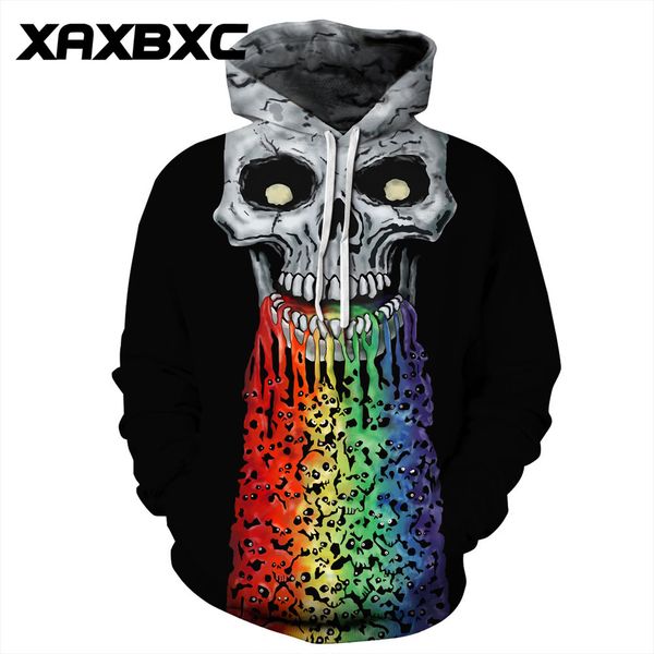 

2018 autumn 364 halloween skull rainbow falls prints women jacket hooded femme sweatshirt casual loose men pocket hoodies coat, Black