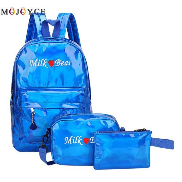

3pcs/set street teen laser pu leather backpacks students zipper shoulder school backpack women rucksack feminina