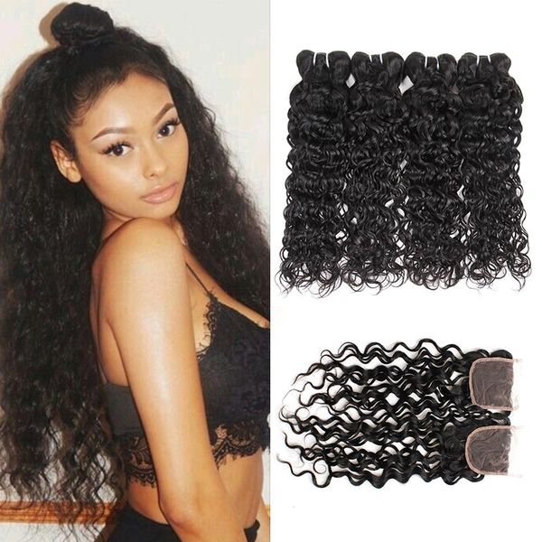 

brazilian human hair 4 bundles with closure unprocessed water wave bundles with middle 3 part wet and wavy human hair weaves pro, Black
