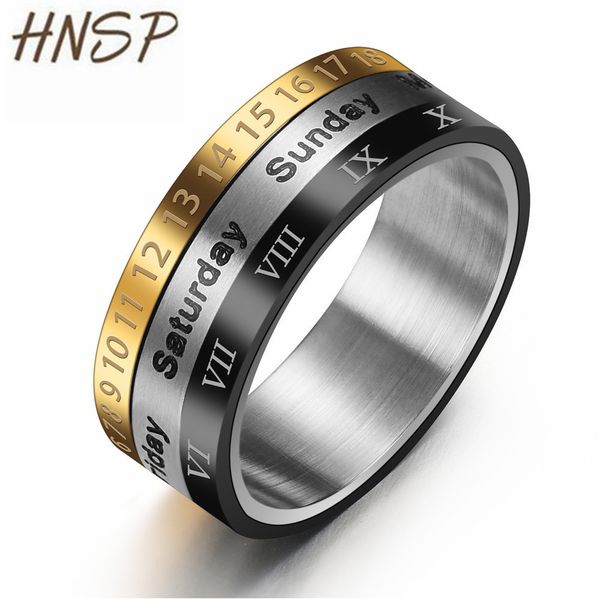 

hnsp 100% stainless steel roman numeral date rotatable finger ring for men male bague homme anel masculino anillos hombre, Golden;silver