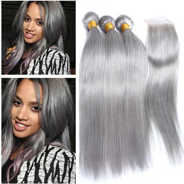 Cheap Malaysian Human Hair Silver Gray Weave Bundles With 4x4 Lace