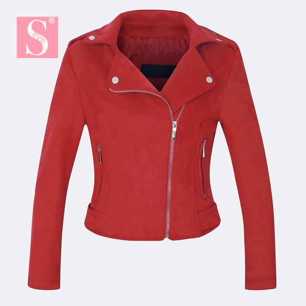 

stvy women zipper suede coat long sleeve motorcycle leather jacket women outwear belted 2018 spring autumn short jackets, Black