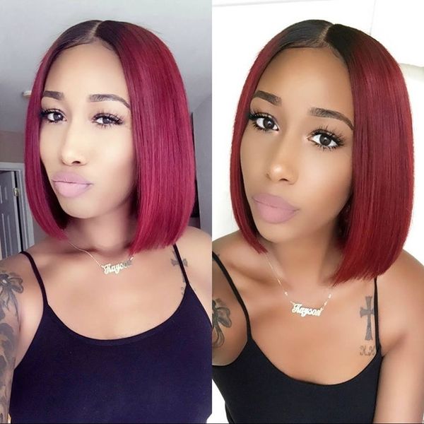 Two Tone 99j Human Hair Lace Wig Wine Red Silk Straight Middle