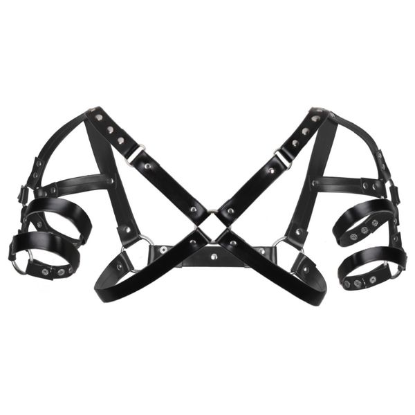 

men lingerie faux leather adjustable body chest shoulder harness bondage cosplay clubwear underwear costume with press buttons, Black