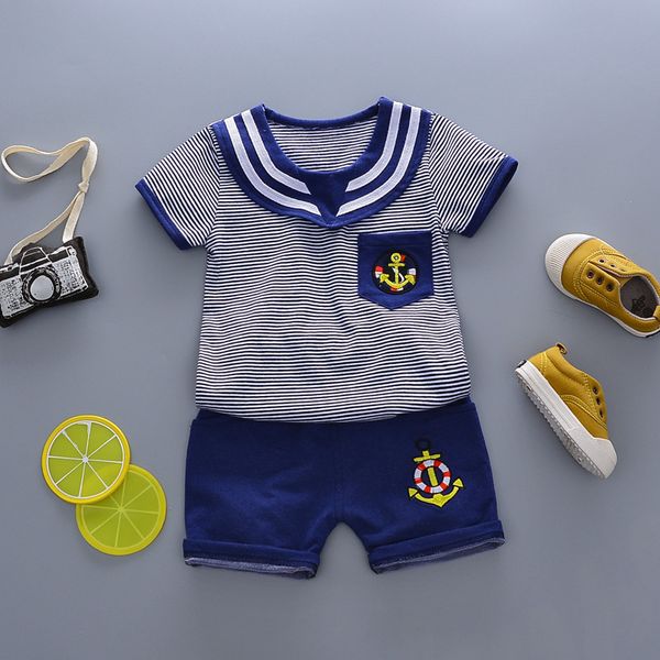 

2018 new summer leisure time edition stripe embroidered navy sailor serve short sleeve shorts 2pcs children kids toddler suits, White