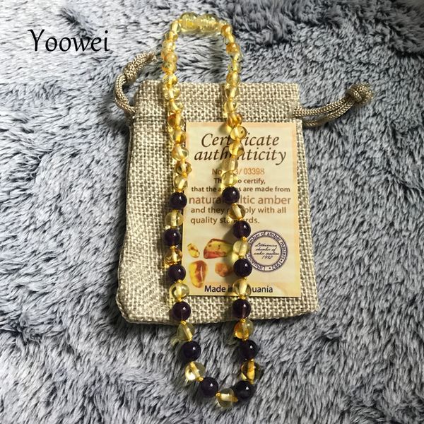 

yoowei baltic amber necklace with natural amethyst gemstone knotted amber jewelry women collar kids gifts baby teething necklace, Silver