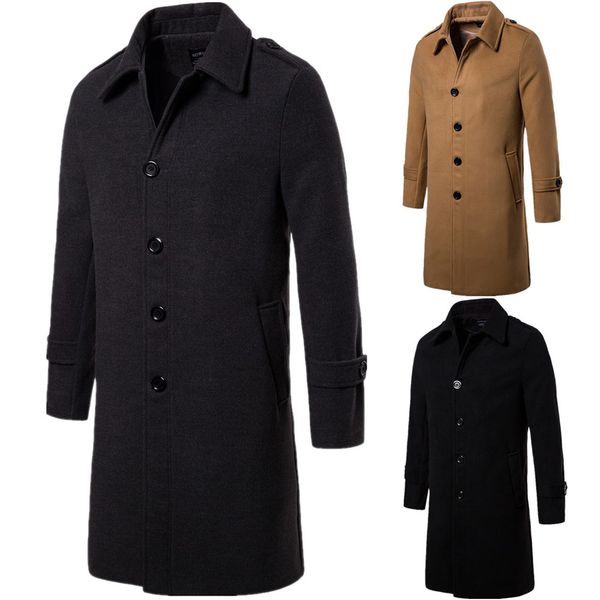 

2018 new autumn winter wool coat men long sections epaulet woolen jacket coats casual fashion jackets solid color men's overcoat, Black