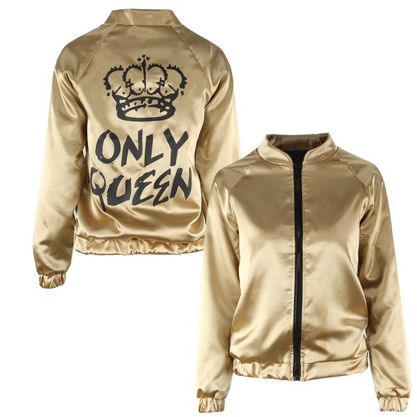 

Zipper Autumn Women Bomber Basic Jacket Women Coat Crown Queen Print Long Sleeve Female Zipper Top Coat Biker Casual Short Outerwear