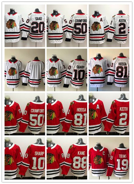 

chicago blackhawks 88 patrick kane 19 jonathan toews 2 keith 20 brandon saad 50 corey crawford 81 hossa hockey jerseys, Black;red