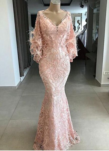 

yousef aljasmi 2020 evening dresses v neck lace appliqued pink feather mermaid prom gowns long sleeves sweep train special occasion dress, Black;red