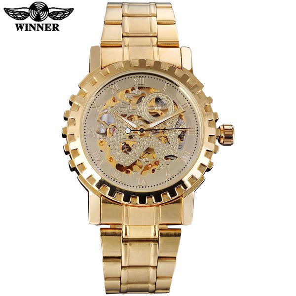 

winner men watches skeleton design auto self-wind stainless steel watches band gold color accept drop shipping relogio masculino, Slivery;brown