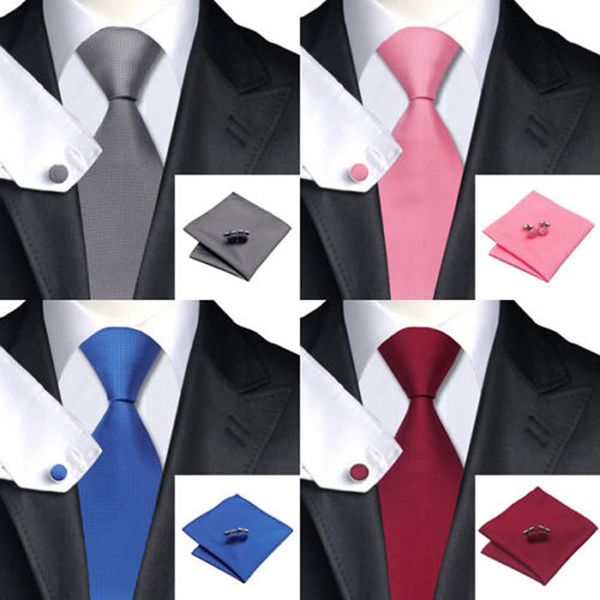 

new fashion men classic solid plain fine square cufflinks tie woven skinny silk blend suits ties necktie men tie set, Blue;white