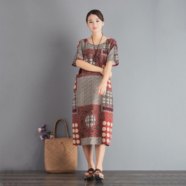 

new retro art cotton and linen loose dress, Black;gray
