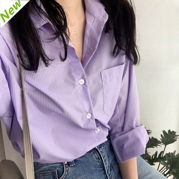 

nice lady fresh color blouse striped long sleeve shirt women recommend spring chemise femme chemisier blusa mujer camisa, White