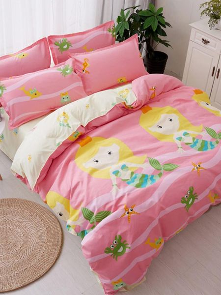 

4pcs bedclothes set cartoon sweet mermaids pattern comfortable bedsheet set