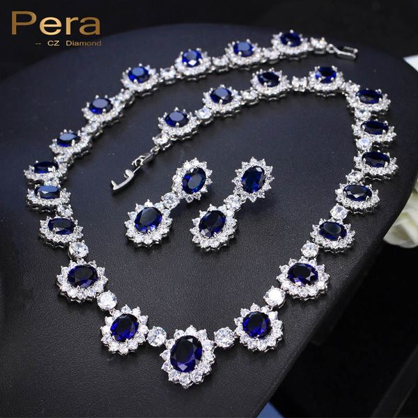 

pera cz big round cubic zirconia luxury bridal wedding royal blue stone necklace and earrings jewelry sets for brides j126, Slivery;golden
