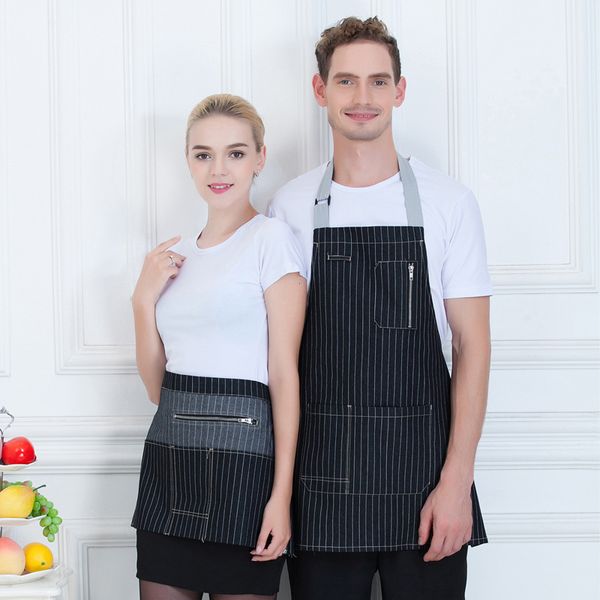 

2017 denim apron with pocket stripe cafe fashion cowboy aprons for woman men kitchen chef waiter cooking print logo