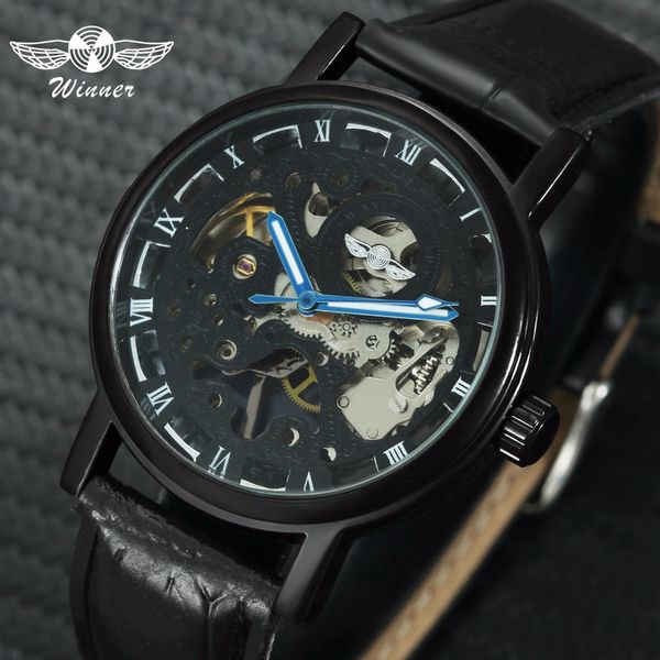 

winner fashion casual mechanical watch men leather strap skeleton dial luminous hands sports wristwatches 2018, Slivery;brown