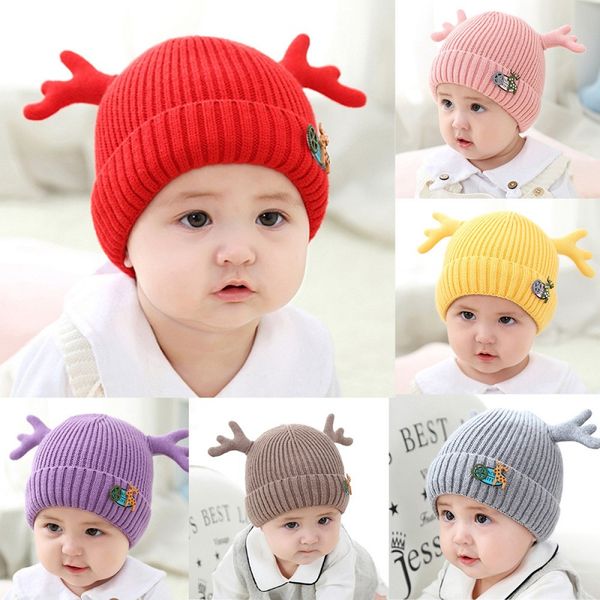 Cappelli di corna lavorati a maglia per bambini Cappellino invernale caldo all'uncinetto Berretti per ragazzi Berretti di lana per bambini pupazzo di neve di Natale carino