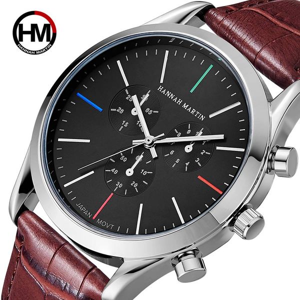 

japan quartz movement mens watch men's leather sports colorful dial waterproof fashion leather travel watch, Slivery;brown
