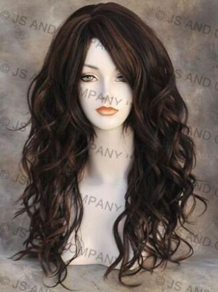 

heat friendly long wavy skin part wig brown auburn mix flat iron ok wd 4/30, Black;brown