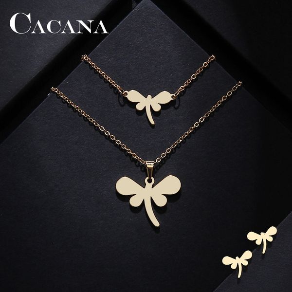

cacana stainless steel sets for women big dragonfly shape necklace bracelets earrings for women lover's engagement jewelry s127, Silver