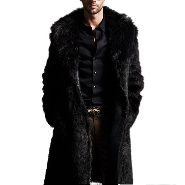 

wholesale- men winter coats faux fur long jackets men coat long sleeve turn-down collar coat men long outwear coat, Black