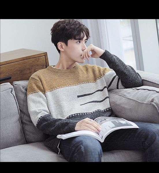 

winter mens knitting sweater o-neck casual korean mens patchwork plus size loose sweater knitted pullover warm male clothing, White;black
