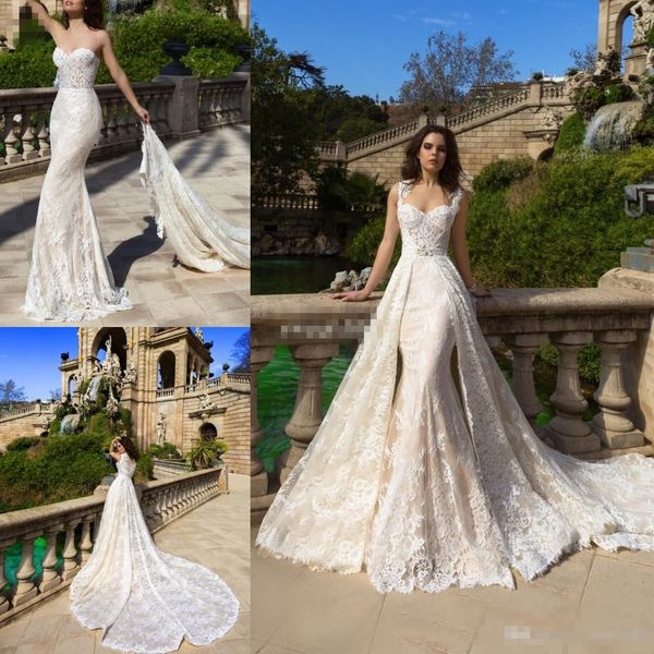

modest full lace a line wedding dresses with detachable train overskirts chapel train champagne wedding bridal gowns, White
