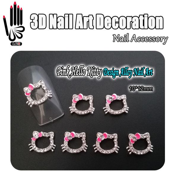 

art nail 10pcs/lot 3d metal pink bow hello kitty design clear rhinestone kt cat alloy nail art decorations for jewelry, Silver;gold