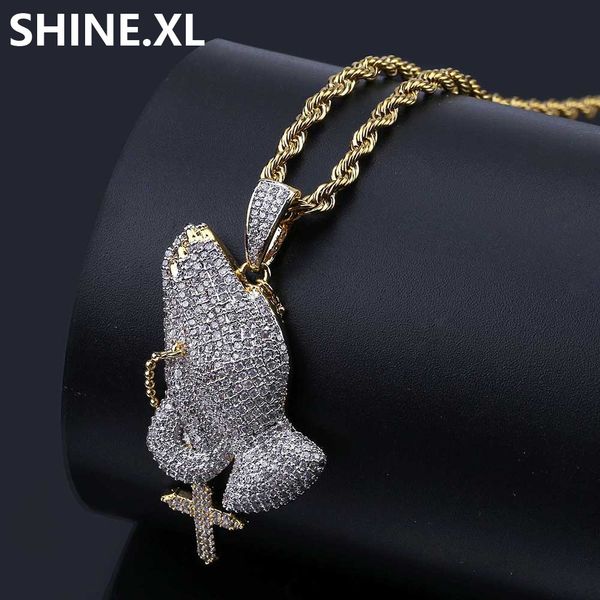 

хип-хоп ретро крест молясь кулон ожерелье iced out кубического циркона золотая цепочка для мужчин идеи подарка, Silver