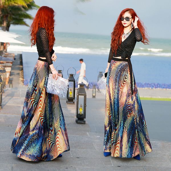 

2017 new fashion mesh long skirt high elastic waist summer maxi skirts women's retro colorful print bohemia a line skirts, Black