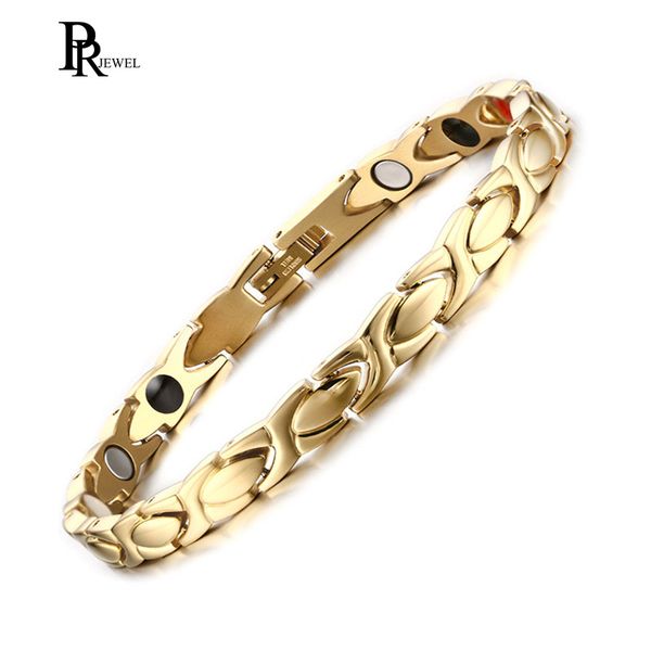 

4 in 1 therapy bracelet for women gold color stainless steel chain magnetic healing jewelry box, Golden;silver