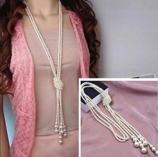 

women fashion necklace elegant full white artificial imitation pearls knot long chain charms pendant jewelry gift, Silver