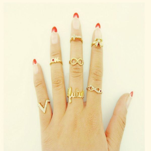 

7 шт / комплект кольцо способа bague anillos mujer ювелирной бесконечность gold цвет mid костяшка перстни для женщин aneis femininos, Golden;silver