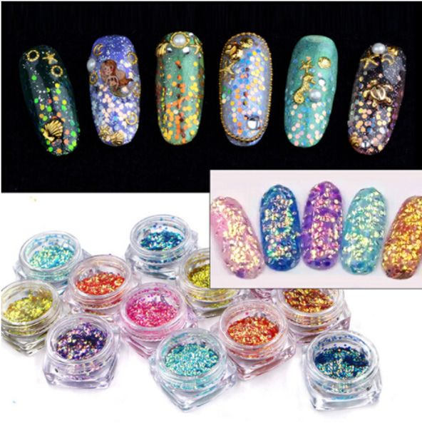 

0.5g fish scale nail glitter powder 12 colors colorful laser sequins diy nail design decorations, Silver;gold