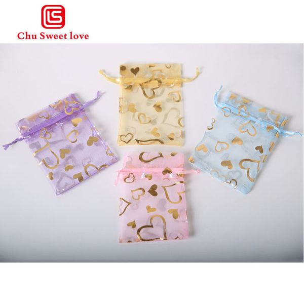 

100 teile/satz organza beutel 12x9cm colorful love pattern organza kordelzug beutel geschenk schmuck verpackung hochzeit taschen