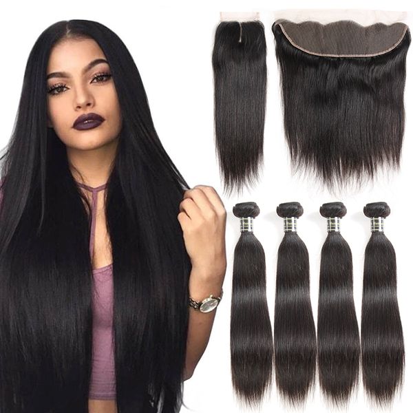 

brazilian straight virgin hair bundle deals remy human hair weave 4 bundles with closure 13x4 lace frontal bundles deep body wave kinky curl, Black;brown