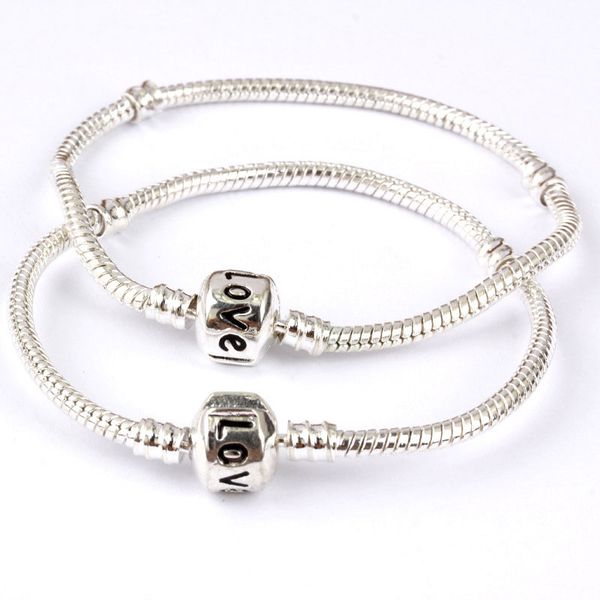 

new 16-23cm silver plated love letter bangle snake chain clasp beads charm bracelets fashion jewelry, Black