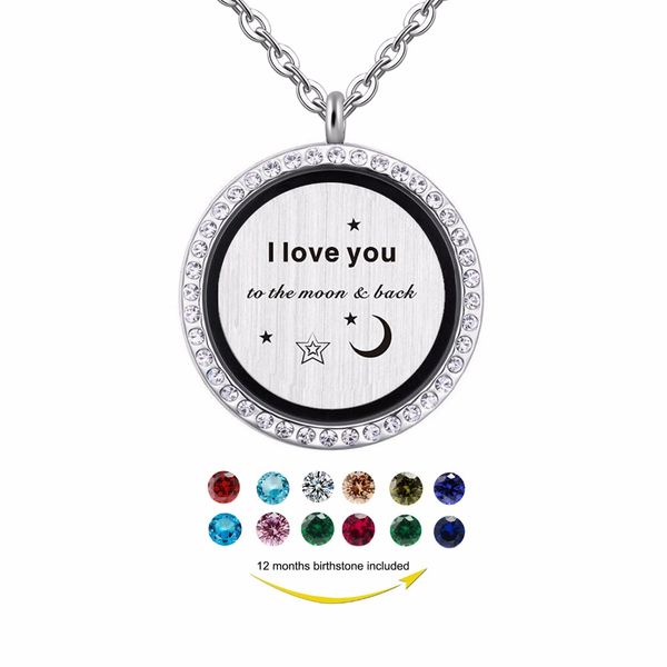 

i love you to the moon and back alloy magnetic floating locket pendant, gift for mom/daughter birthstones charm necklace jewelry, Black