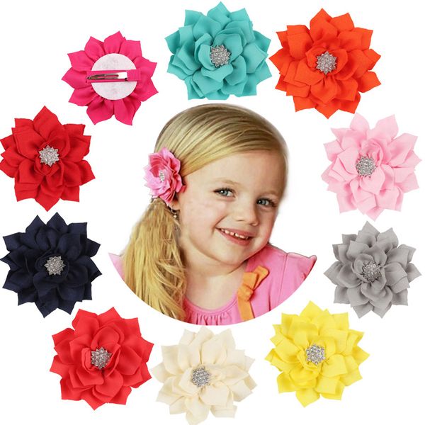 

13 Color Girls cloth Flower hairpins acrylic Rhinestones Solid colors 9cm flower hair clips With Soft Felt Backing