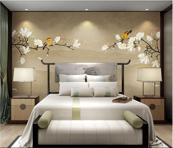 

3d room wallpaper custom p non-woven mural new chinese magnolia flower hand painted flowers and birds wal wallpaper for walls 3 d
