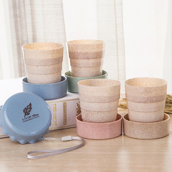 

130ml creative folding water cups outdoor wheat straw material collapsible bpa leak-proof portable water travel cup logo custom