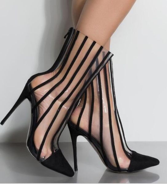 

rihana women black patchwork transparent clear pvc pointed toe ankle boots high heel motorcycle short botas mujer big size 35-40