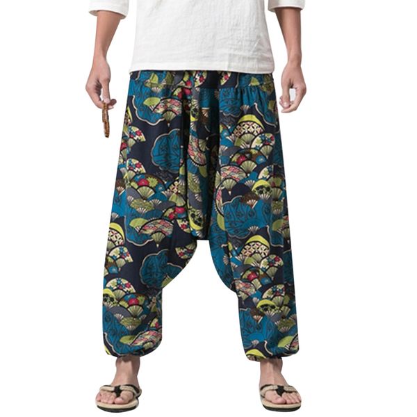 

casual boho summer men hip cotton leg printed pants plus baggy size hop wide linen harem pants long trousers male ovevr, Black