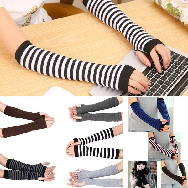 

women long sleeve striped fingerless gloves lady stretchy soft knitted wrist arm warmer -mx8, Blue;gray