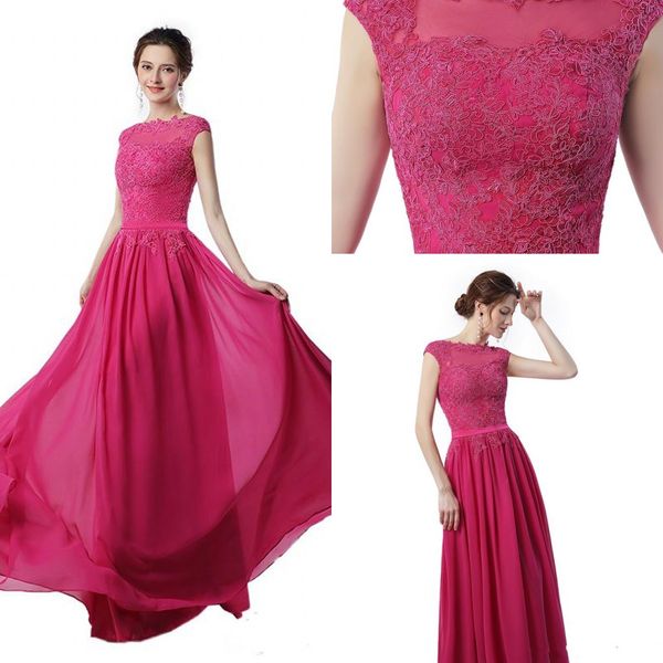 

2018 Hot Summer Fuchsia Chiffon Jewel Neck A-line Long Prom Dresses Cap Sleeves Lace Appliques Zipper Evening Party Dresses Custom Made, Black