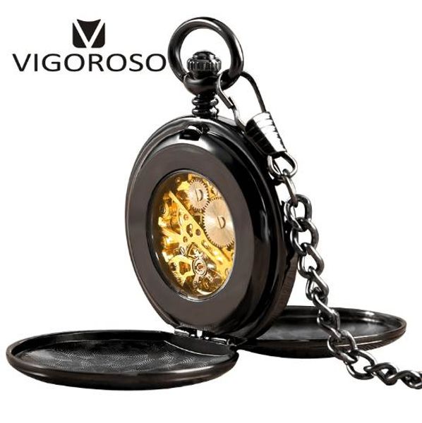 

black alloy vintage anti pocket watch steampunk double hunter mechanical skeleton pocket watch chain anniversary gift, Slivery;golden