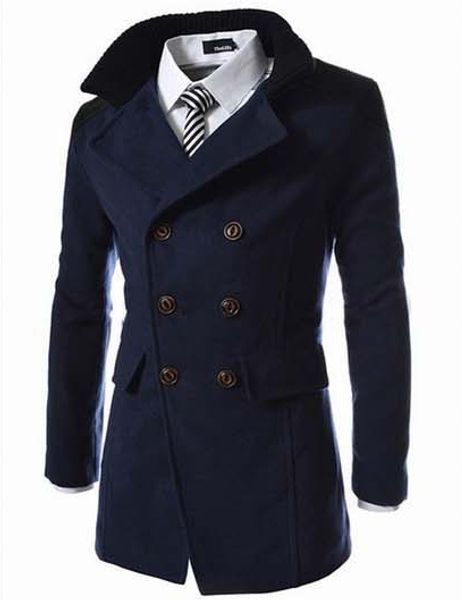

casual warm mens long coats 2018 winter fashion slim wool blend coat and jacket solid double breasted male coats, Black